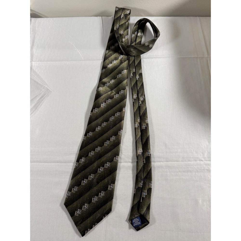 Don Loper Beverly Hills Mens Olive Green Black Striped Geometric Necktie 0505